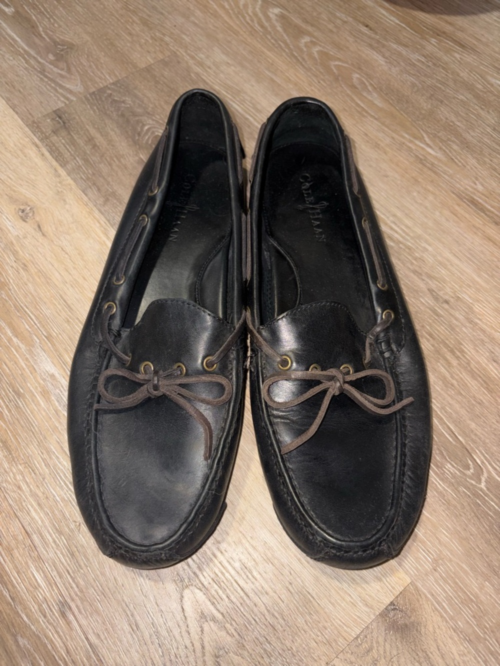 Cole Haan Black Leather Boat Shoes with Brown Laces
